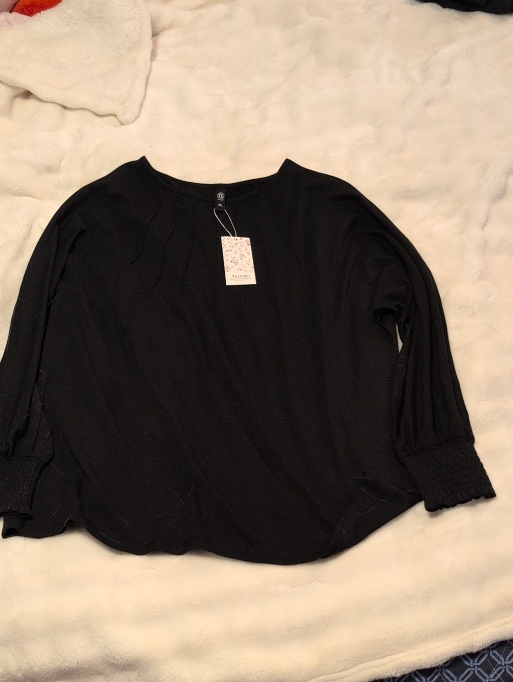 Black Women's Boatneck Smocked-Sleeve Top